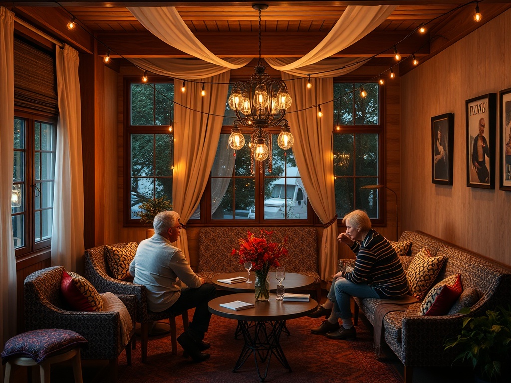 В уютной комнате с мягким светом два человека беседуют у круглого стола, окружённые зеленью и декором.