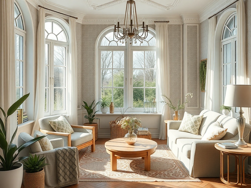 Светлая гостиная с большими окнами, уютной мебелью и зелеными растениями для создания атмосферного уюта.