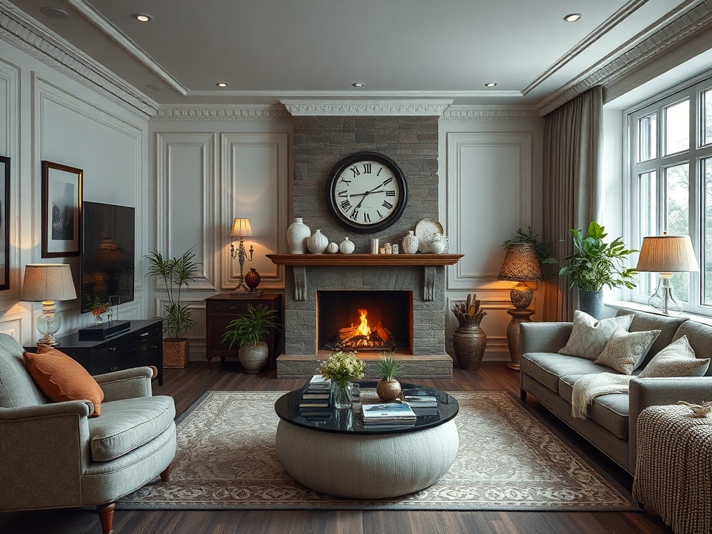 Современная гостиная с камином, мягкой мебелью и уютной атмосферой, оформленная в теплых тонах.