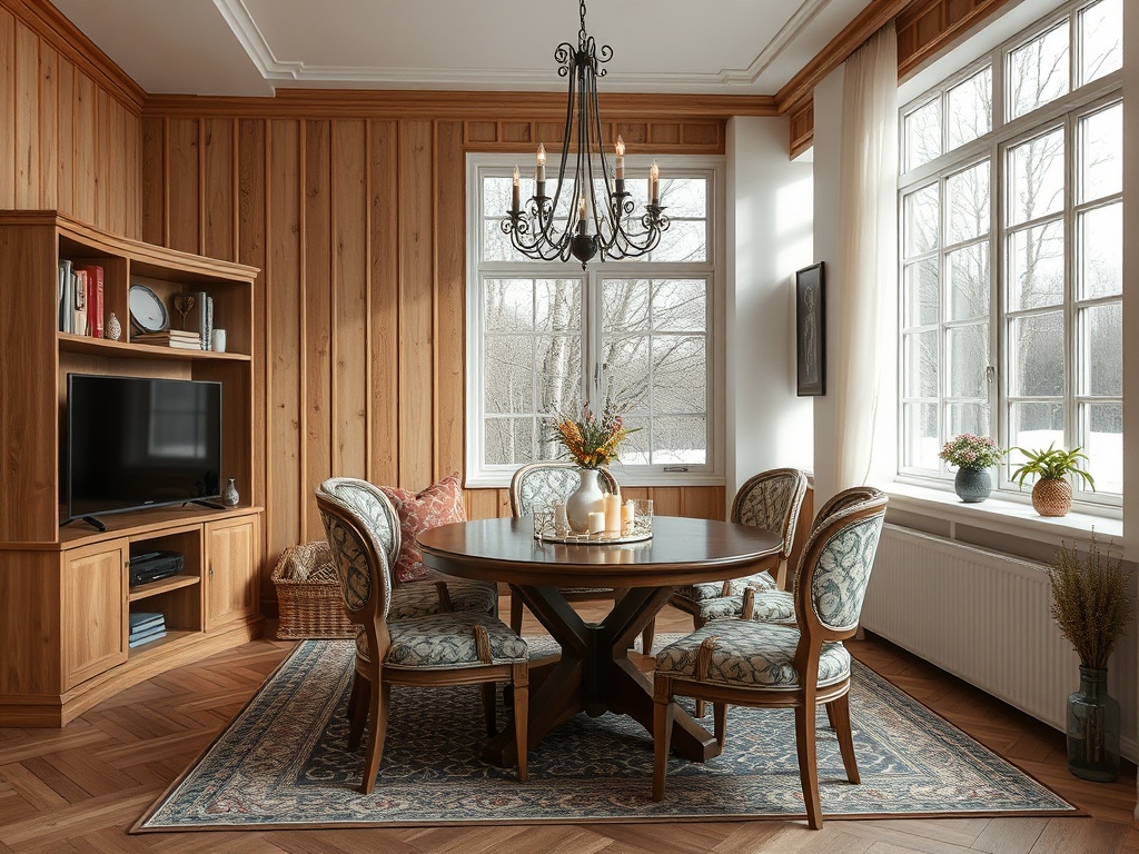 Уютная столовая с деревянными стенами, круглым столом и мягкими креслами, у окна — свежие цветы и свечи.