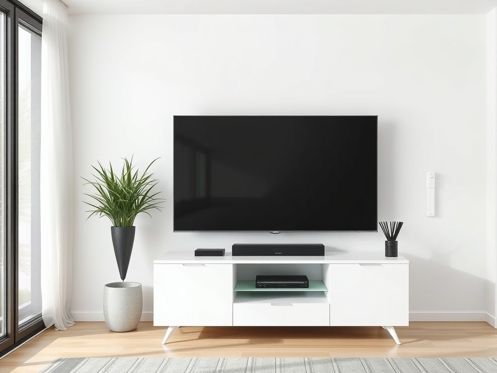 Современный интерьер с телевизором на стене, белым шкафом и зелеными растениями. Стильный и минималистичный дизайн.