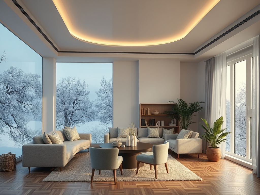 Современная гостиная с зимним пейзажем за окном, уютные диваны и стильный интерьер.